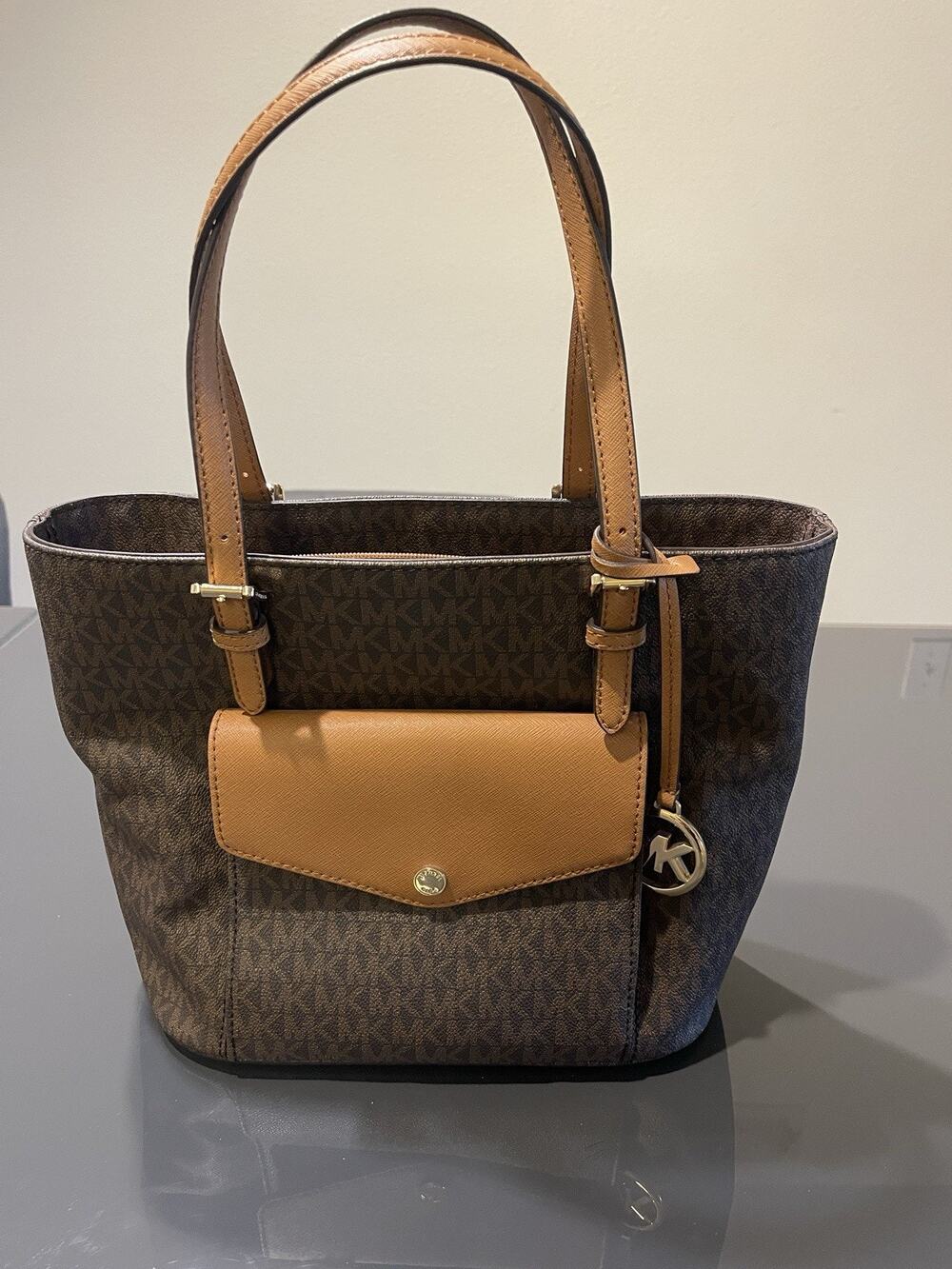 Michael Kors Jet Set MK Logo Brown Leather Tote Bag Purse New with Tag